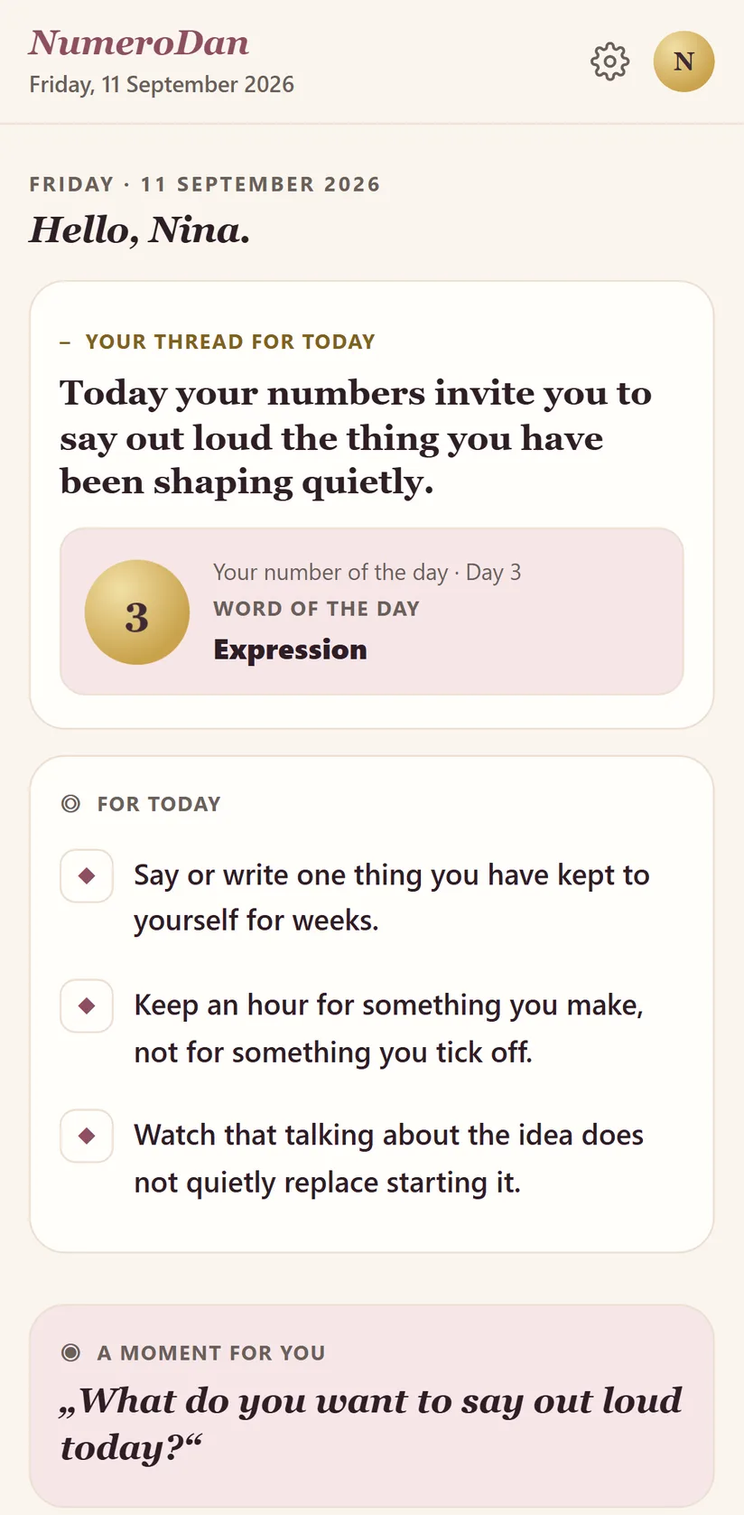 The Today screen: a greeting, your number of the day, the word of the day and a thought for today.
