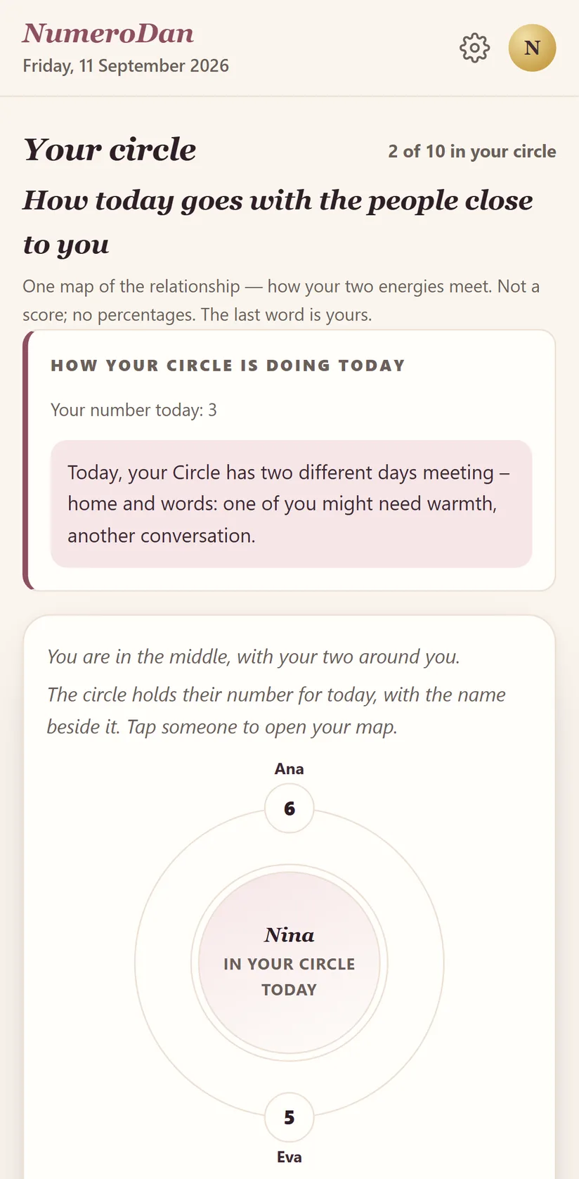 The Circle screen: the people around you and how their day is going.